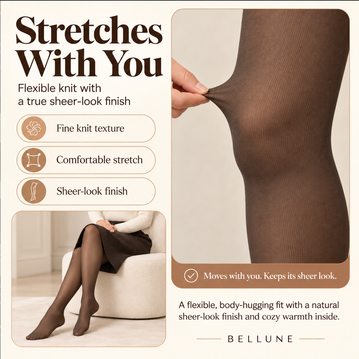 CozySheer stretch demonstrated on the leg